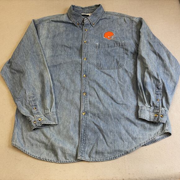 Vtg Cleveland Browns Embroidered Helmet Button Down Shirt Mens XL Blue Denim NFL - Picture 1 of 7